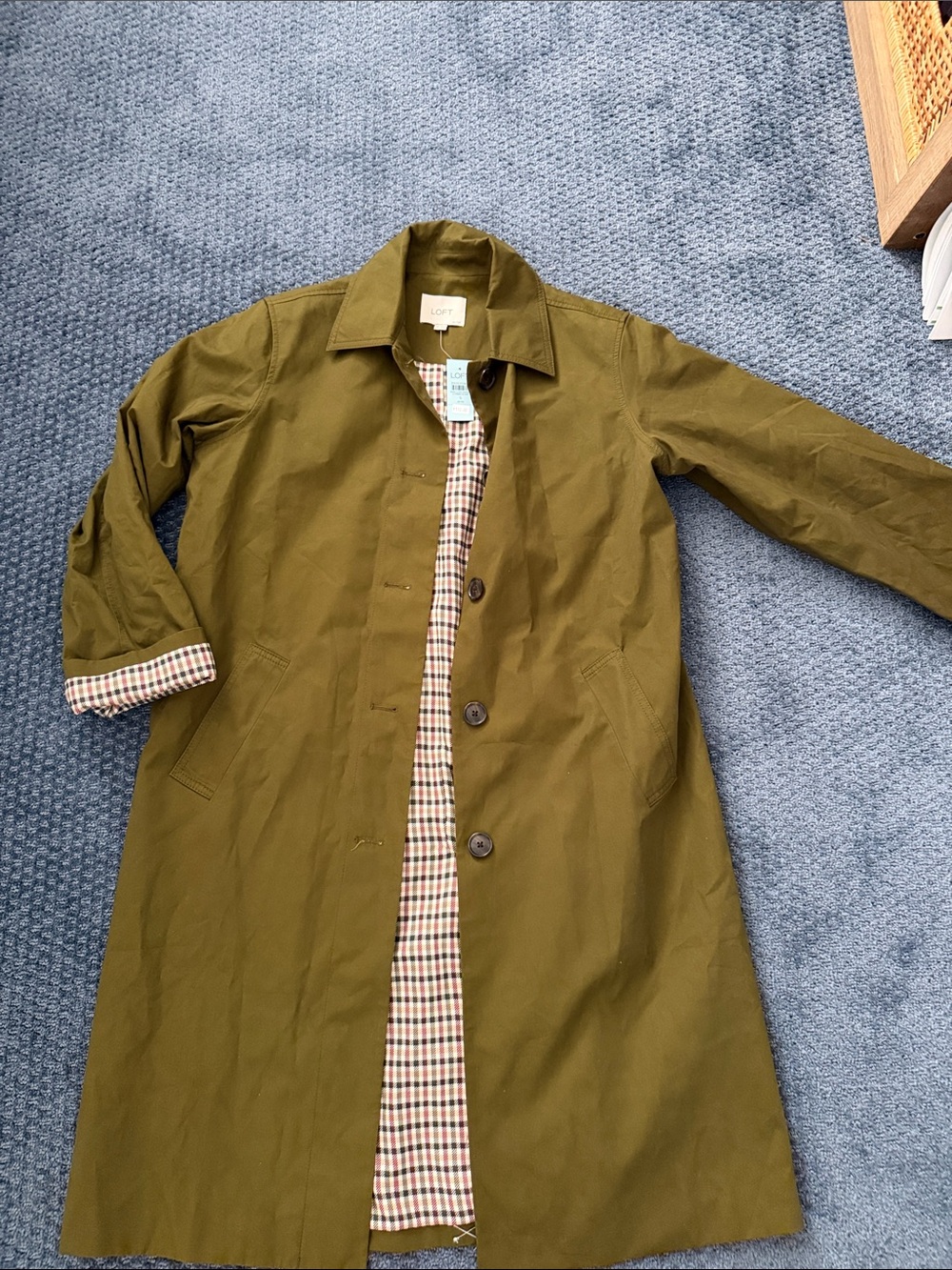 LOFT Olive Green Trench Coat with Gingham Lining